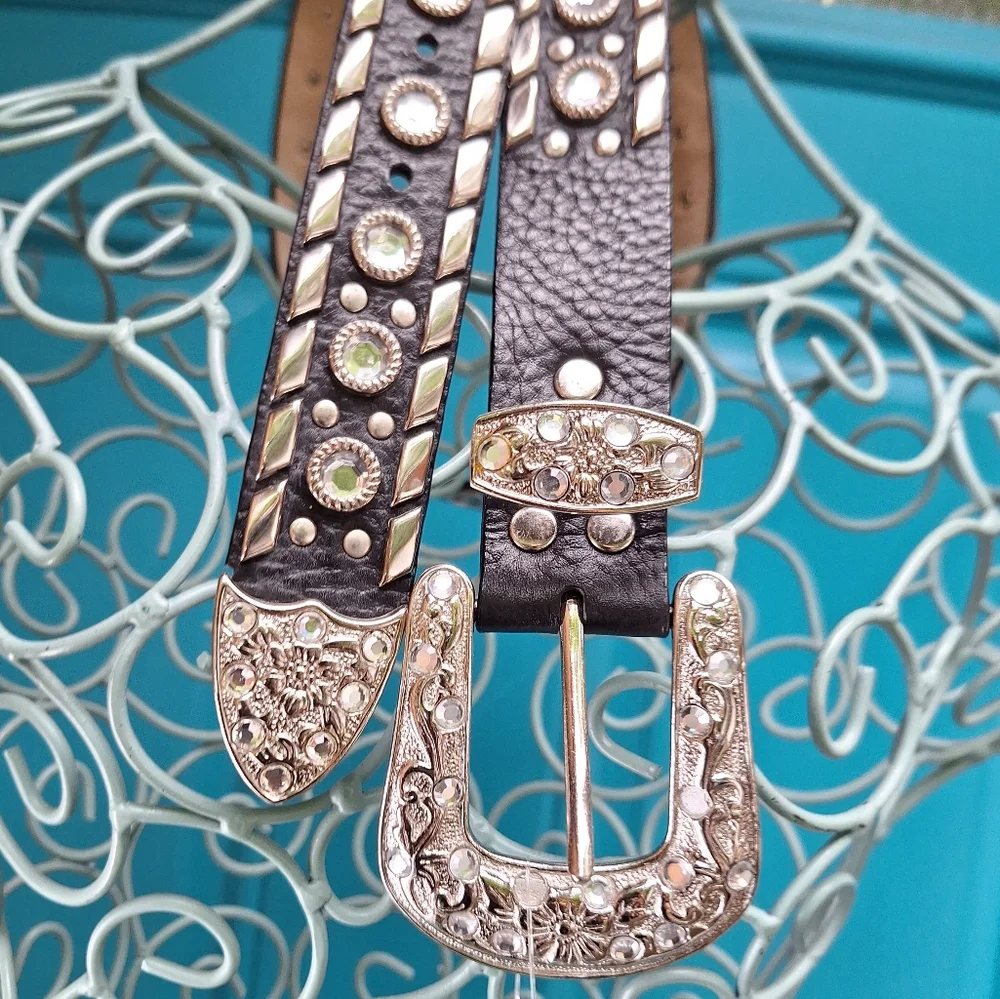 Studded Leather Belt Metal Rivets Silver Crystal Studs Womens italian Western - Picture 17 of 17
